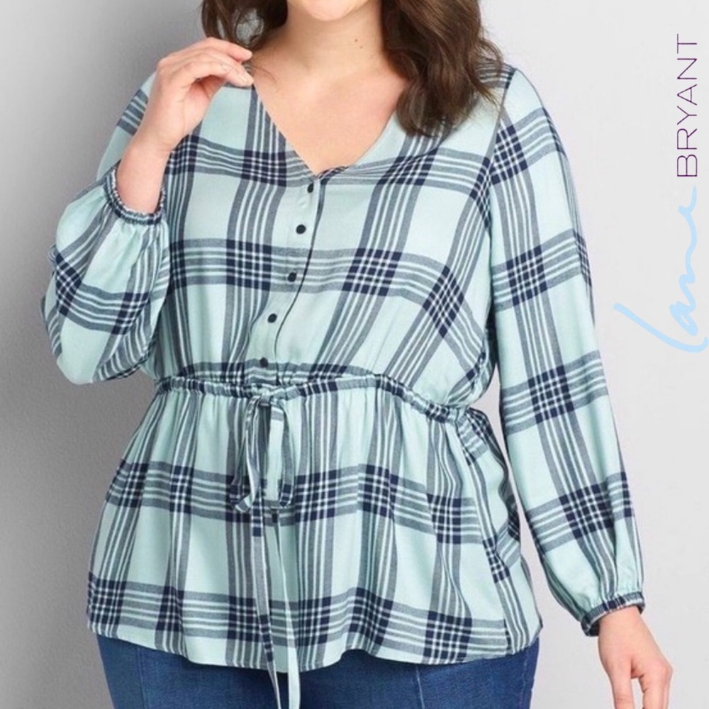 Lane Bryant Mint and Navy Plaid Drawstring Peplum Top